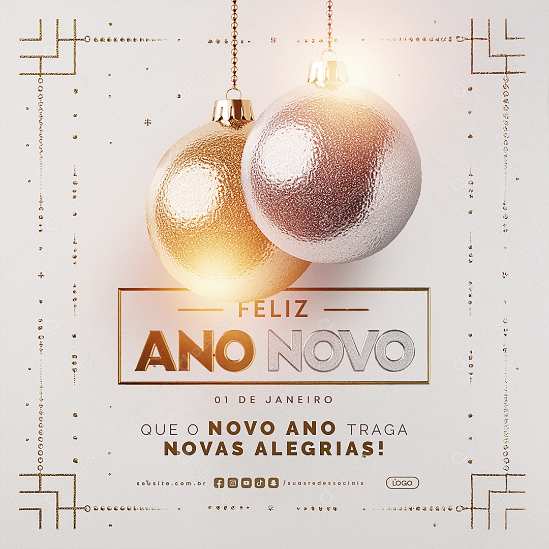 Feliz Ano Novo 01 de Janeiro Novas Alegrias Social Media PSD Editável