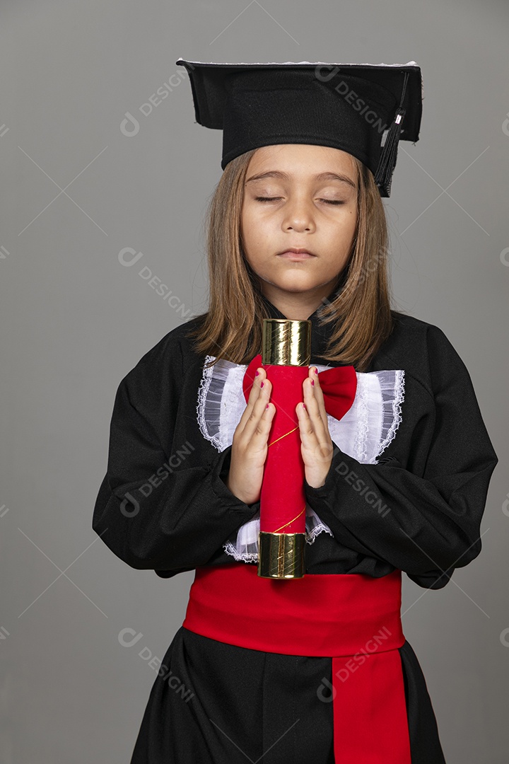 Beautiful girl with beak and diploma in hands child graduation