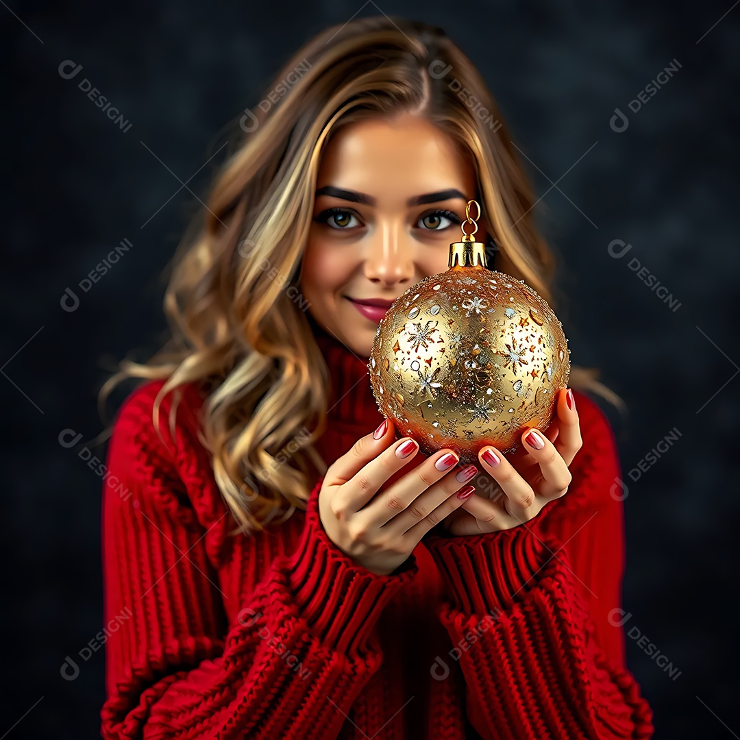 A woman with a red wool sweater holding a golden and shiny Christmas ball