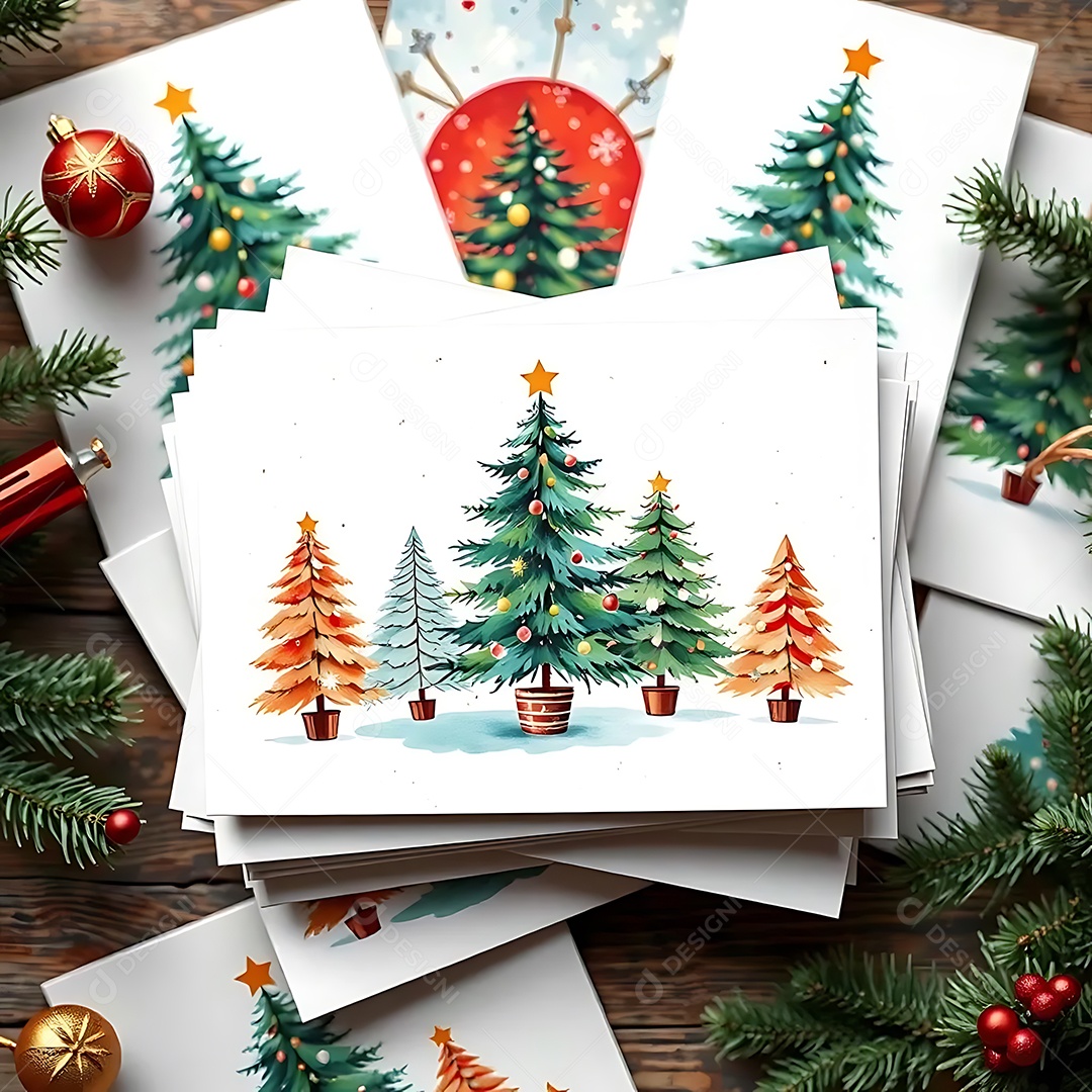 A top view of a pile of Christmas cards with watercolor and modern designs