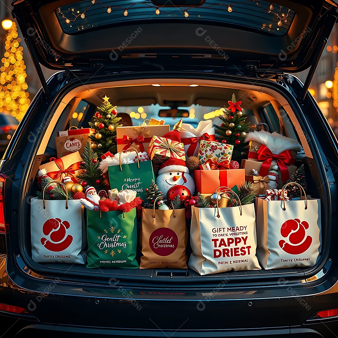 Mala de carro repletas de decorações de Natal em sacolas de compras cheias de itens festivos