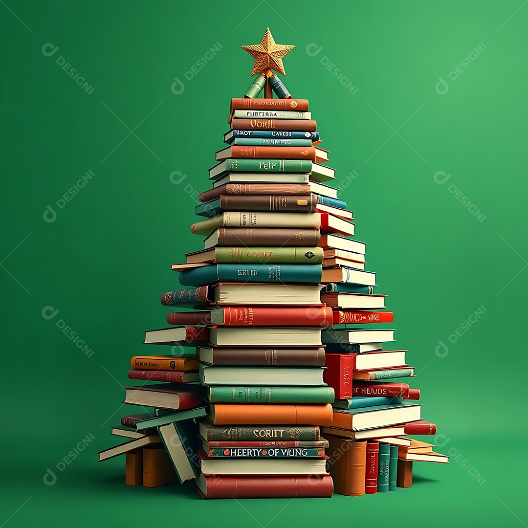 Christmas tree made of books with holiday lights creating a cozy background