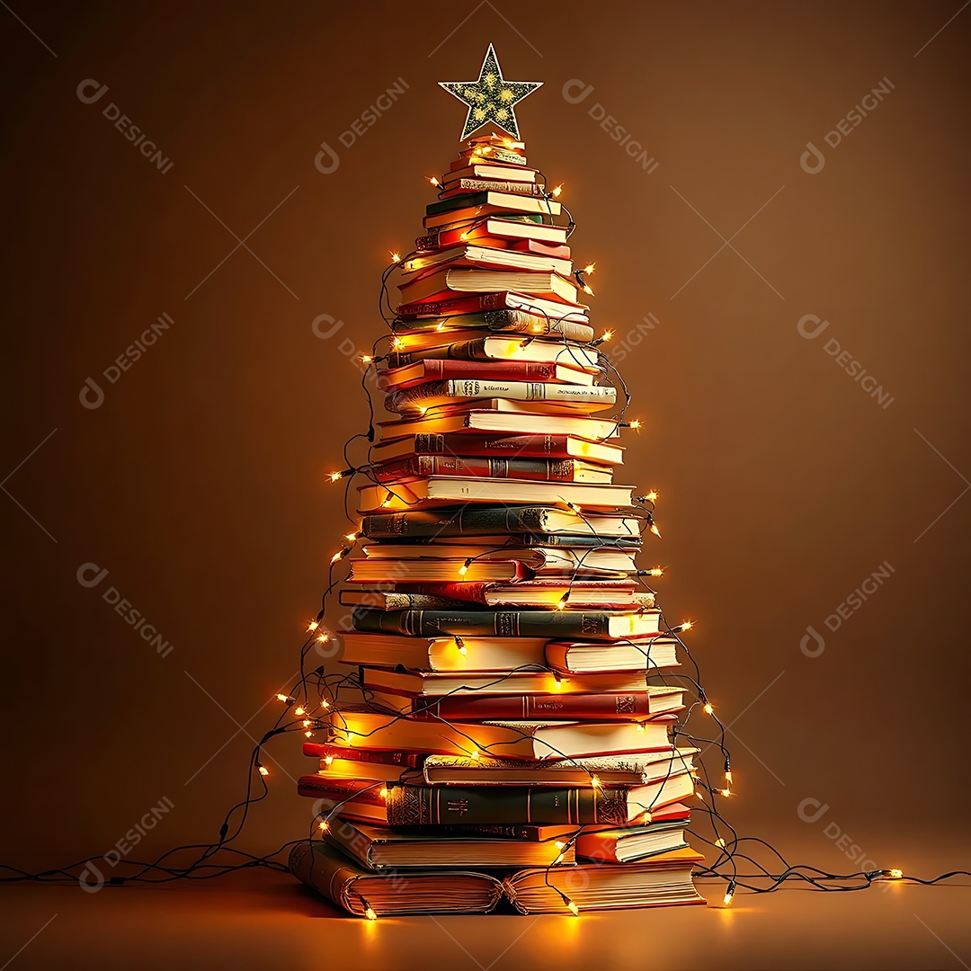 Árvore de Natal feita de livros com as luzes do feriado criando um fundo aconchegante