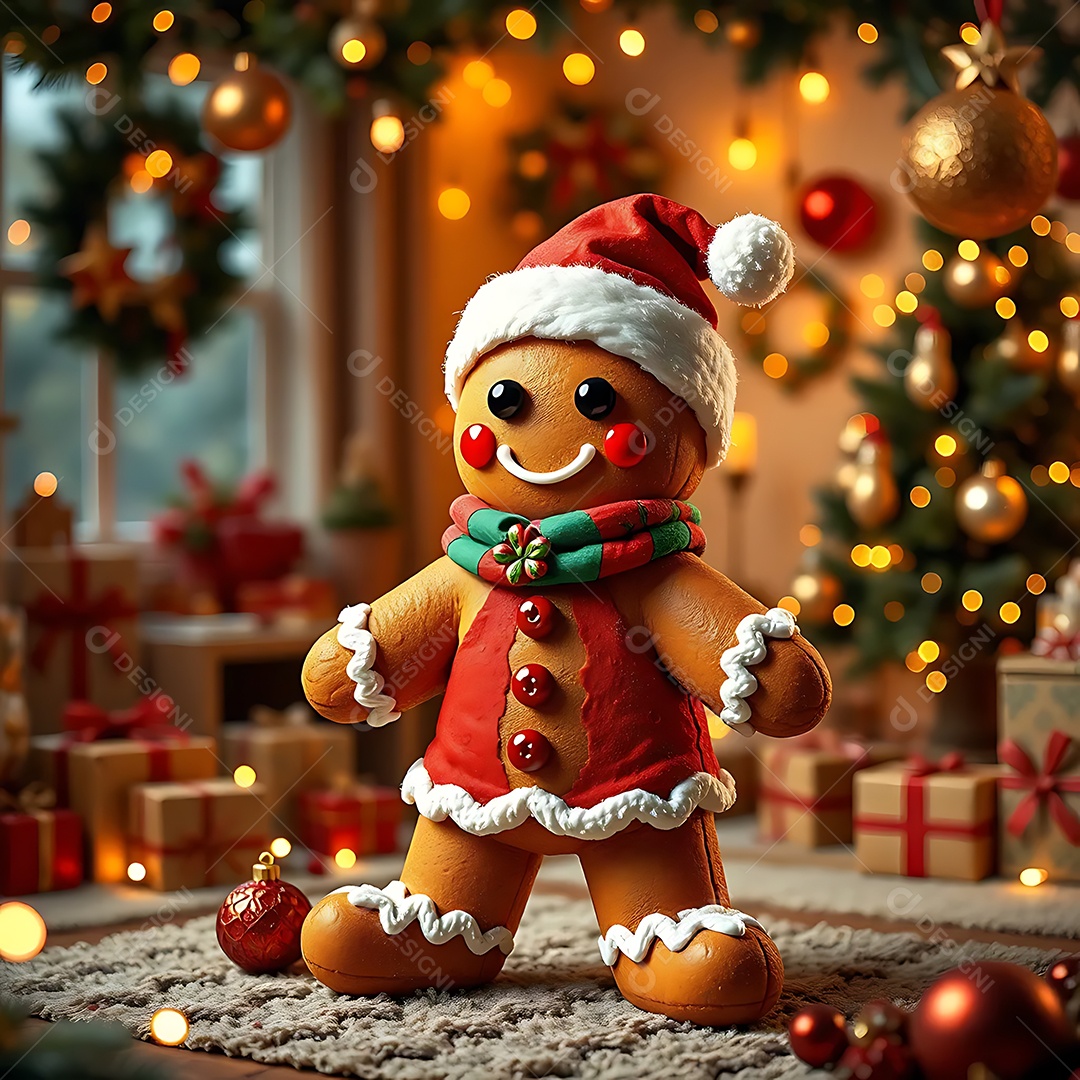 Boneco de gengibre vestido com trajes festivos de Natal