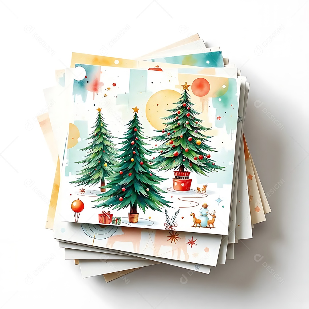 A top view of a pile of Christmas cards with watercolor and modern designs