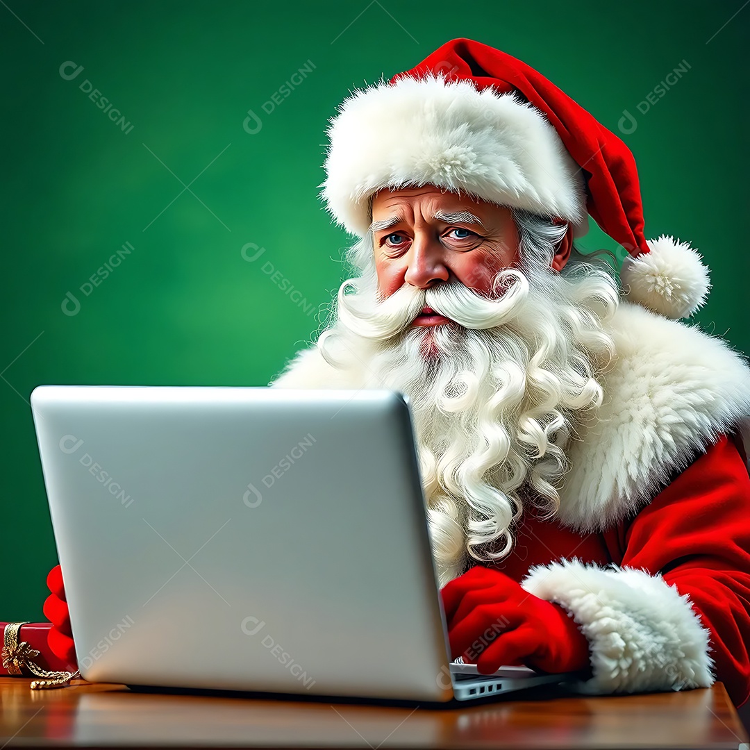 Santa using a laptop capturing the contrast between tradition and modern technology