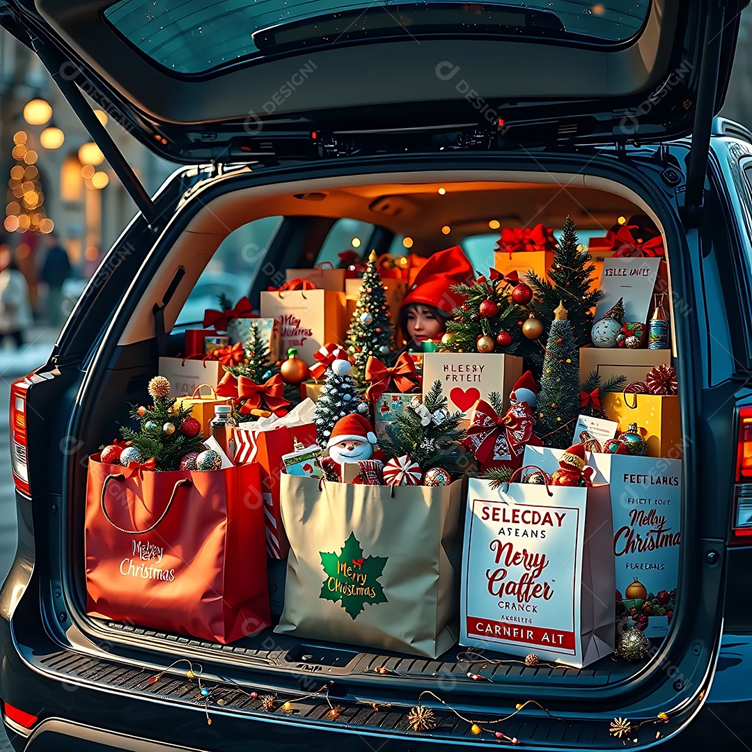 Mala de carro cheia de decorações de Natal em sacolas de compras