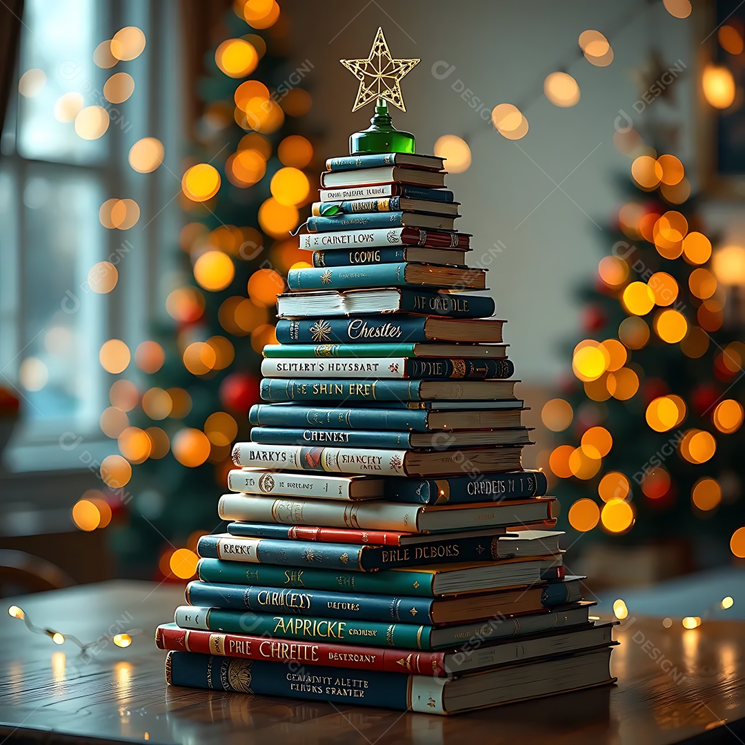 Christmas tree made of books with holiday lights creating a cozy background