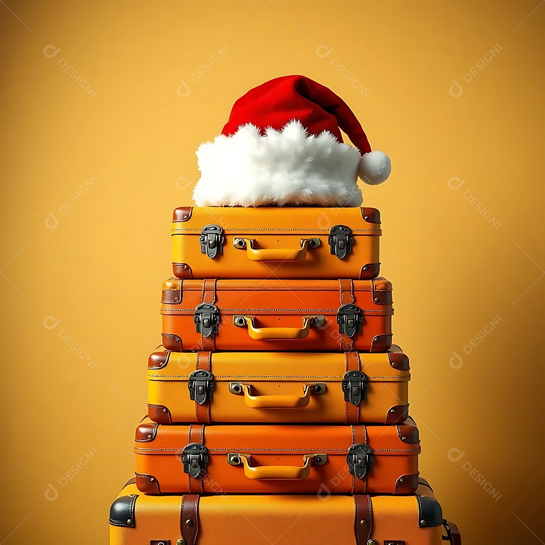 Stack of mustard and orange bags covered with a Santa hat