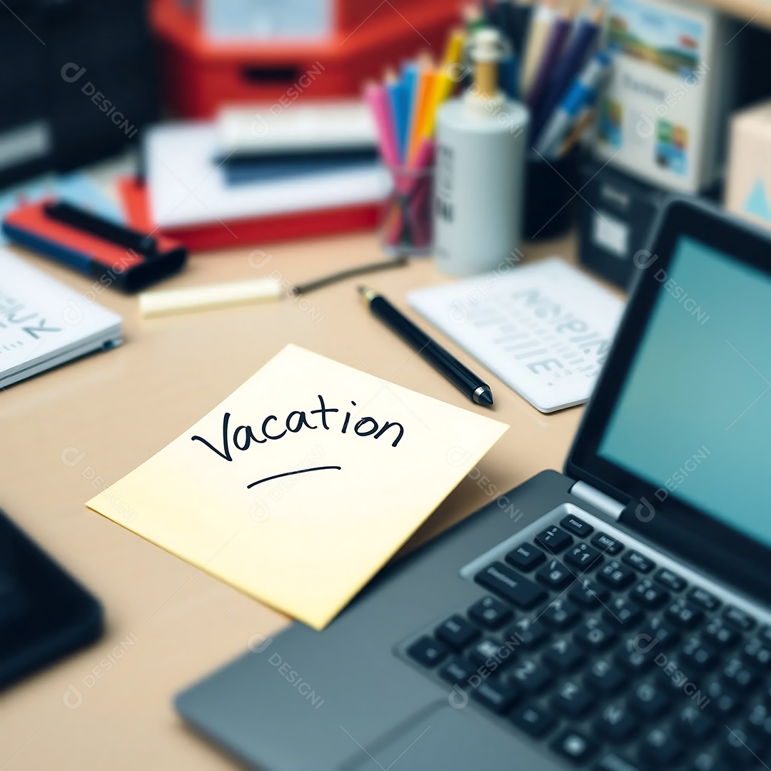 Office table with message holiday written in note