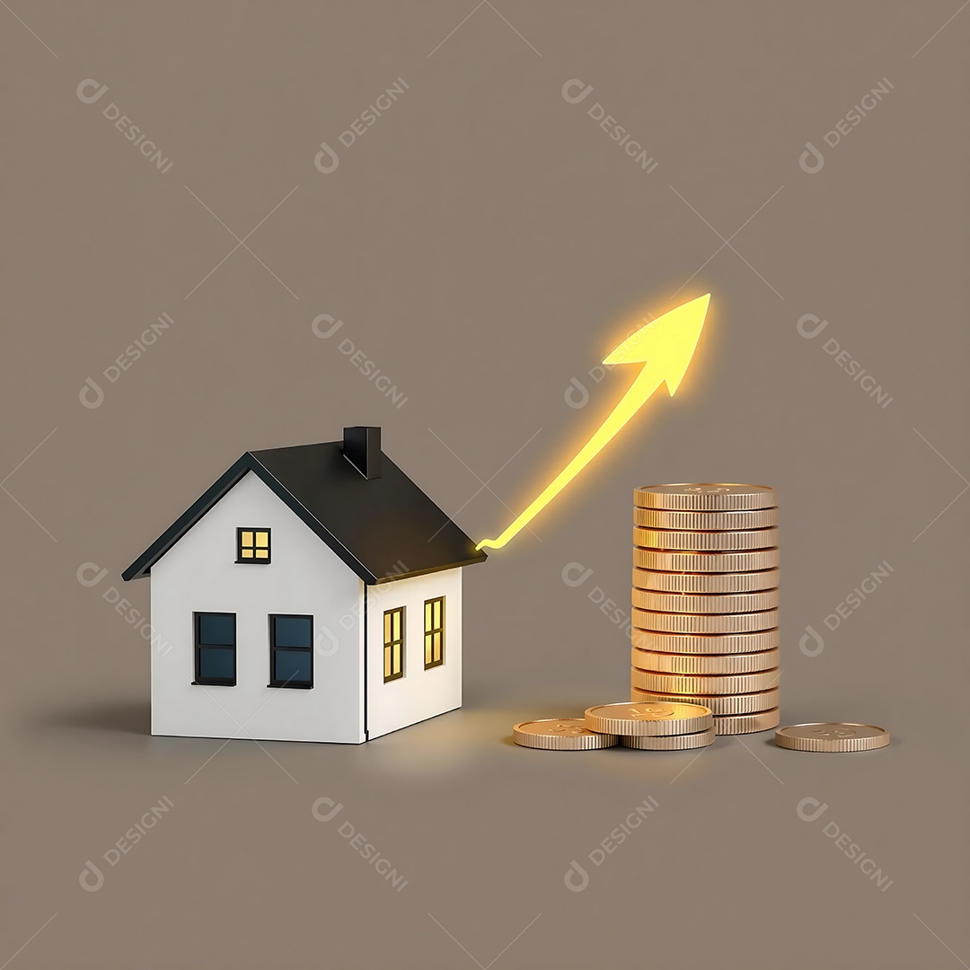 An elegant representation of a house and coins with a bright arrow