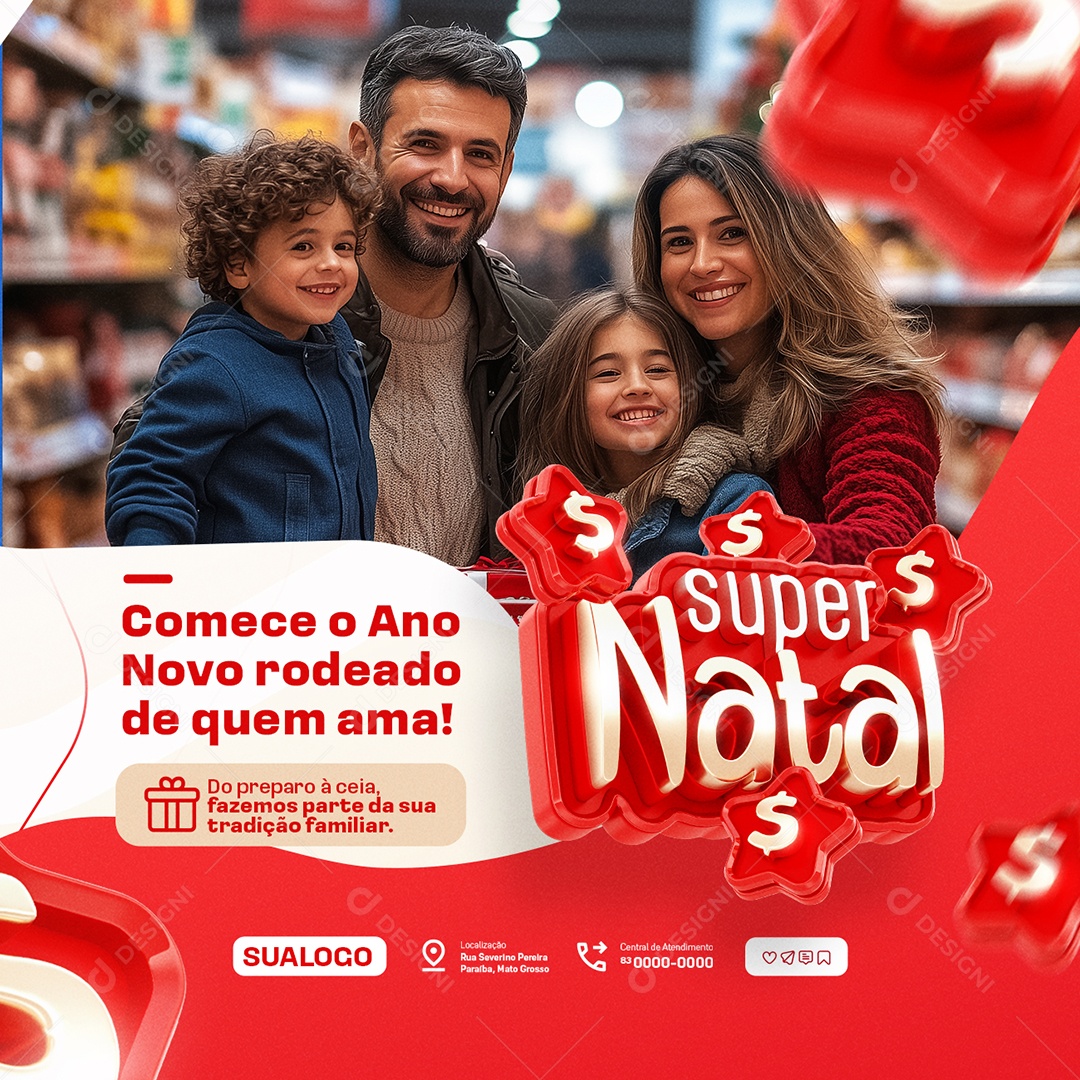 Super Natal Supermercado Comece o Ano Novo Rodeado Social Media PSD Editável