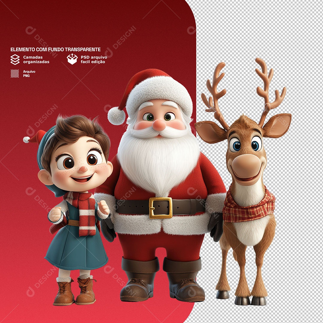 Personagem 3D Papai Noel Com uma Menina e uma Rena Para Composição PSD