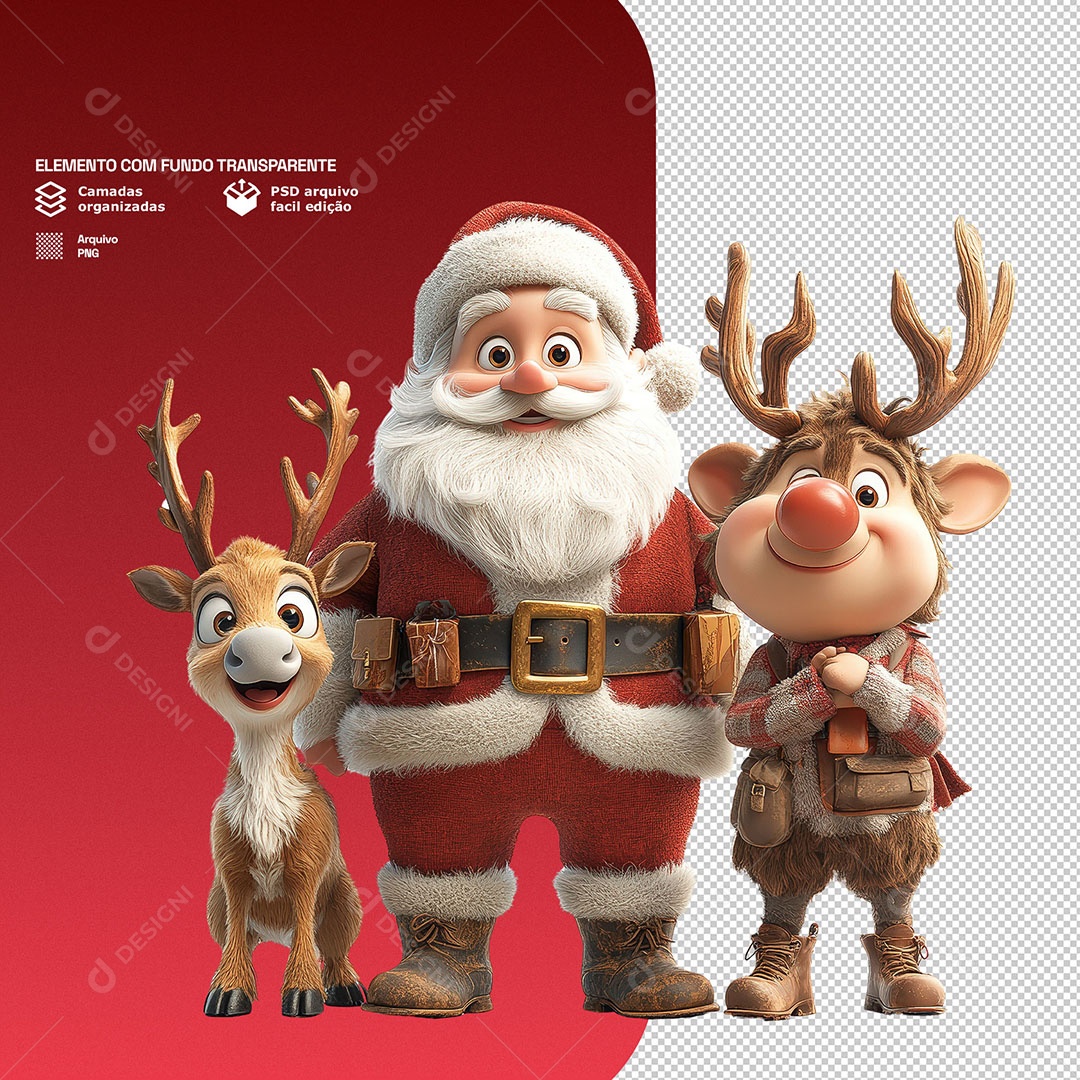 Personagem 3D Papai Noel Com Renas Para Composição PSD