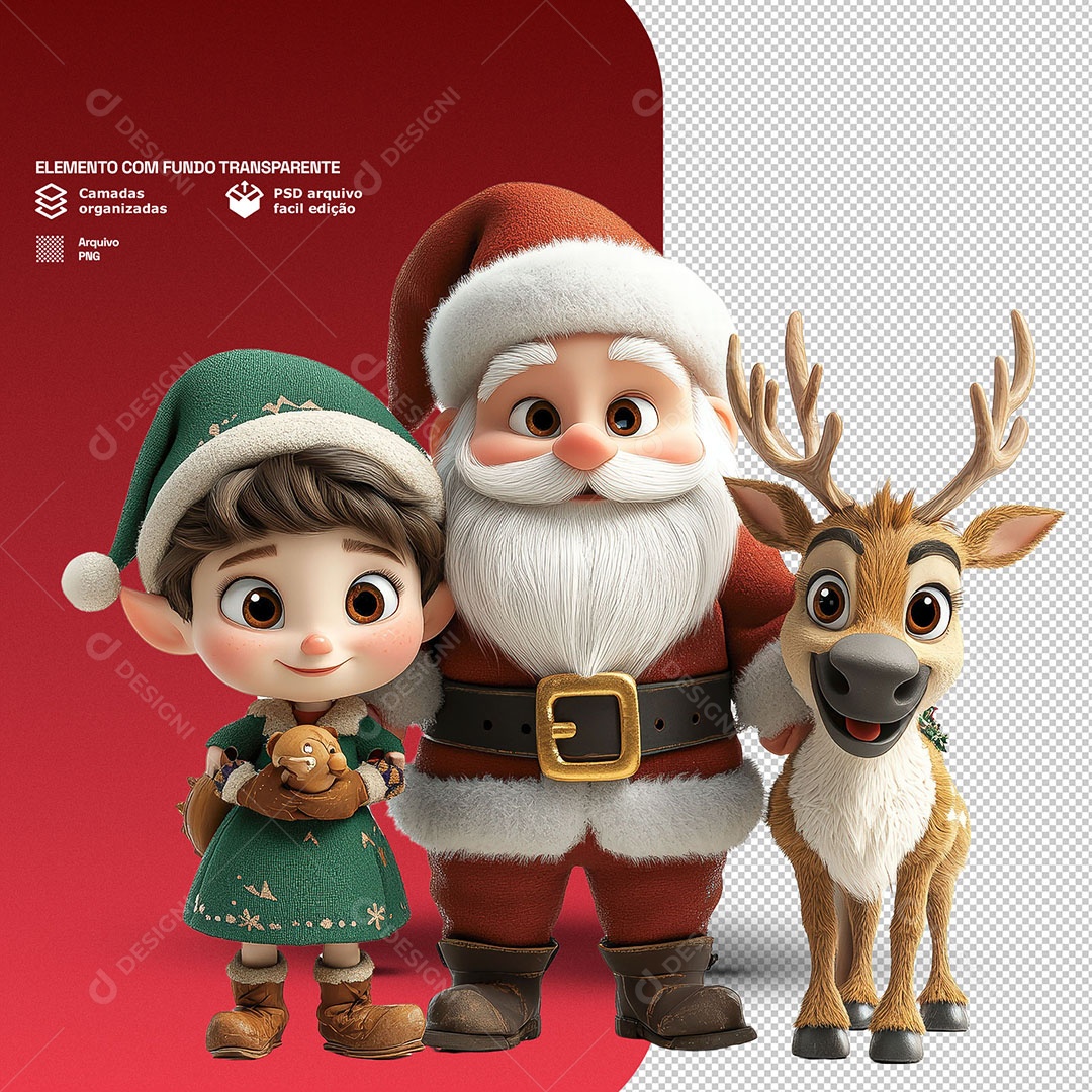 Personagem 3D Papai Noel Com um Duende e uma Rena Para Composição PSD