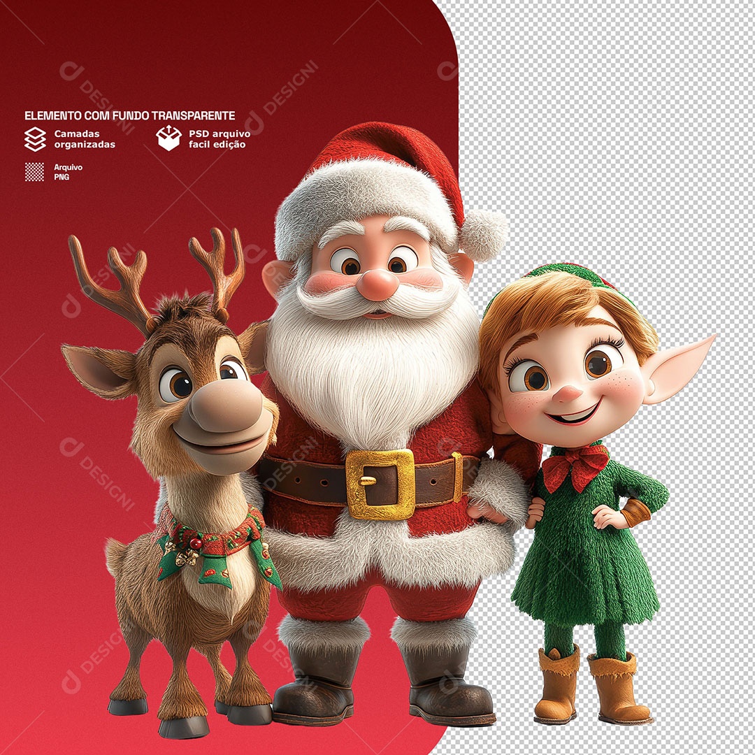 Personagem 3D Papai Noel Com um Duende e uma Rena Para Composição PSD