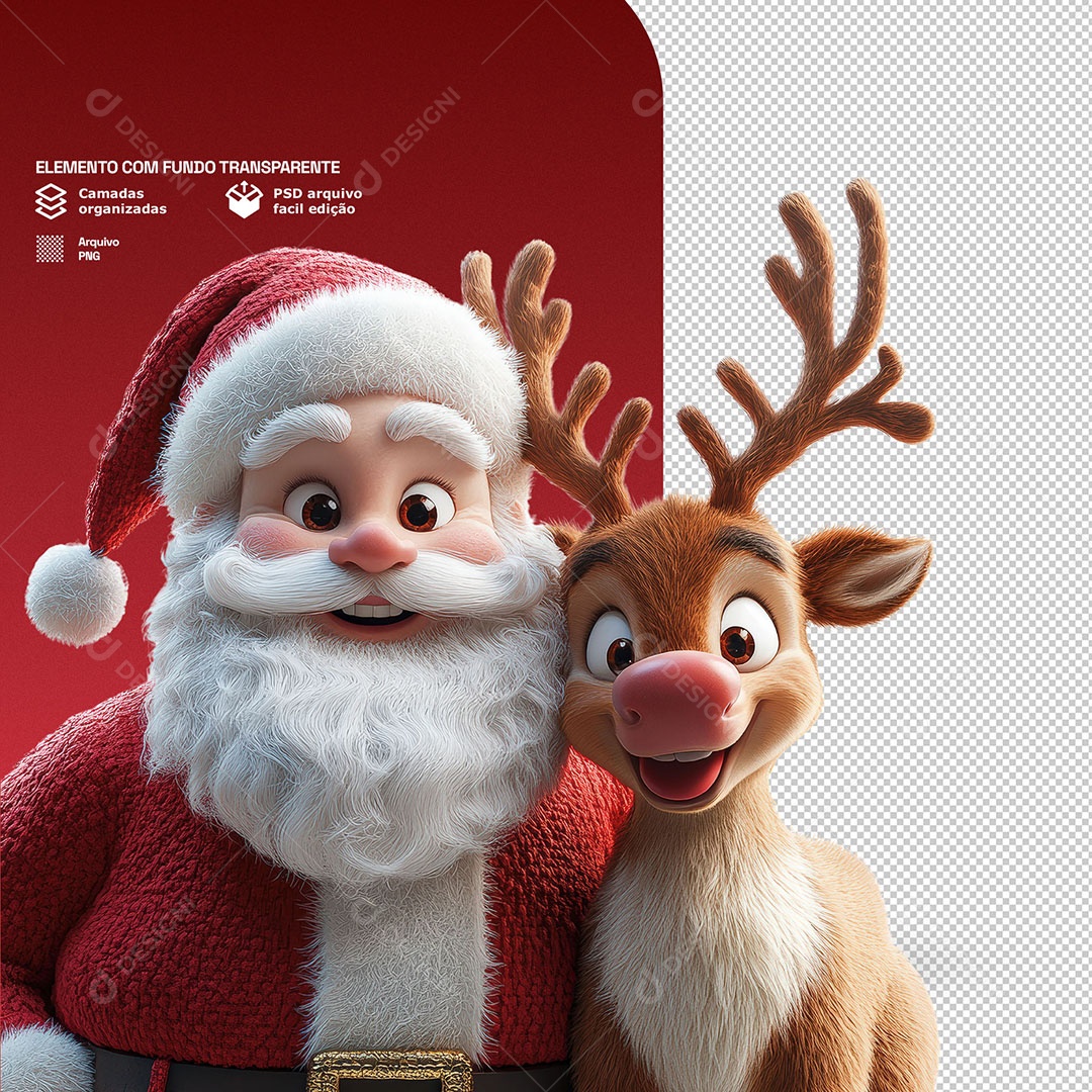 Personagem 3D Papai Noel Com uma Rena Para Composição PSD