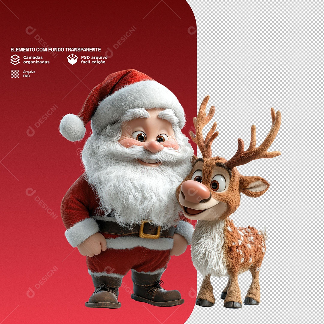 Personagem 3D Papai Noel Com uma Rena Para Composição PSD