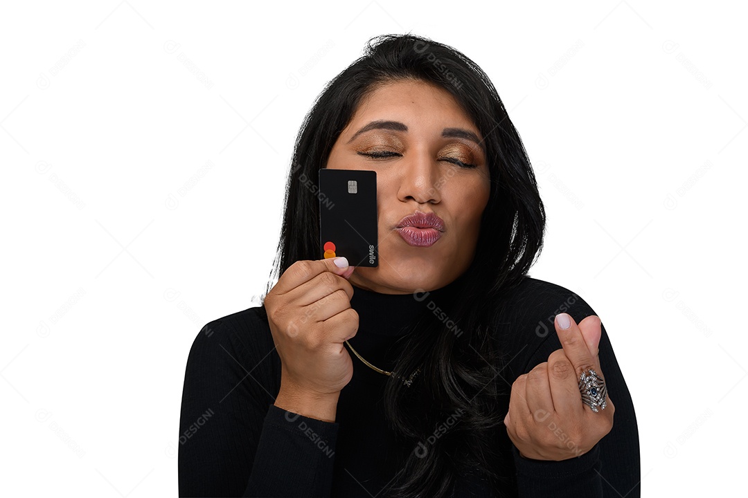 Woman posing ccom credit card on hands very happy