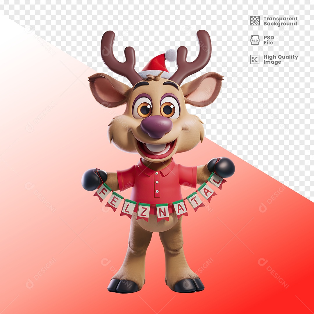 Happy reindeer Holding Cordon With Name of Merry Christmas 3D Element For PSD Composition