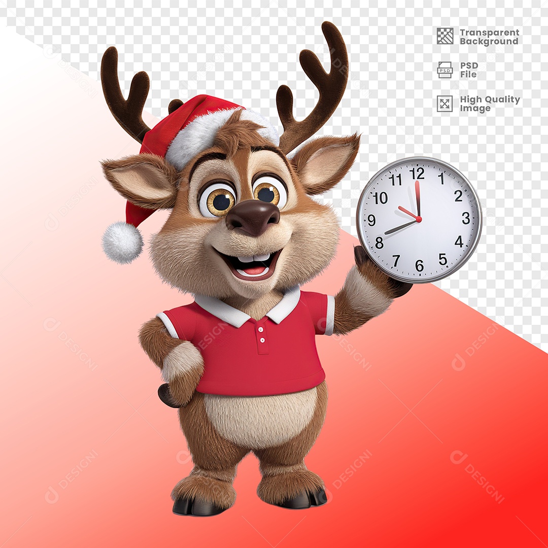 Happy Reindeer Smile Holding Clock 3D Element For PSD Composition