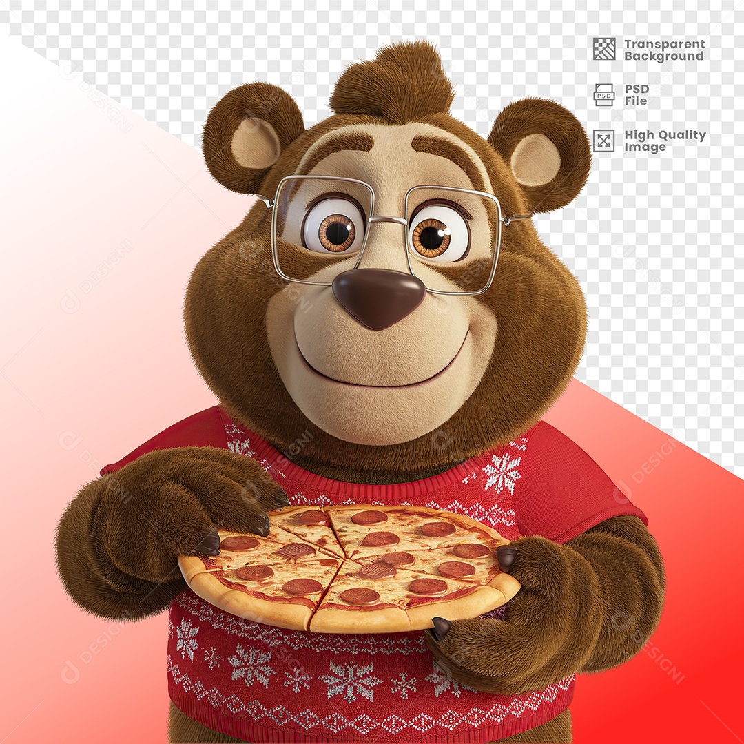 Urso Com Roupa de Natal Segurando Pizza Elemento 3D Para Composição PSD