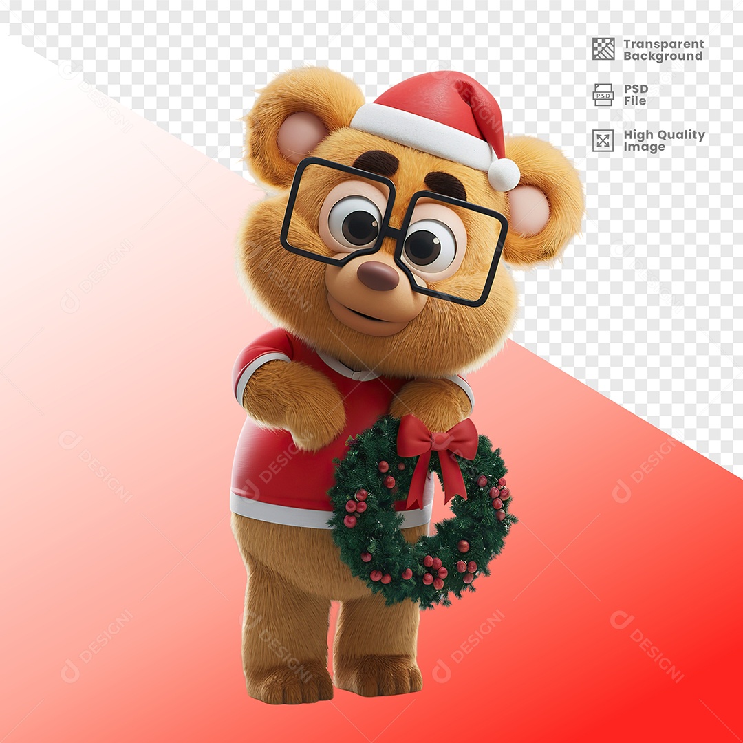 Urso Segurando Guirlanda de Natal Elemento 3D Para Composição PSD