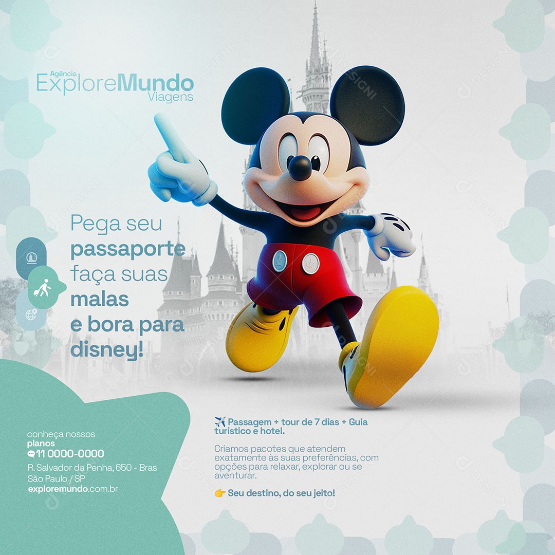 Turismo Faça Sua Mala e Bora Para Disney Social Media PSD Editável