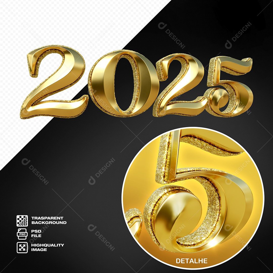 3D Element Number 2025 Gold New Year for PSD Composition