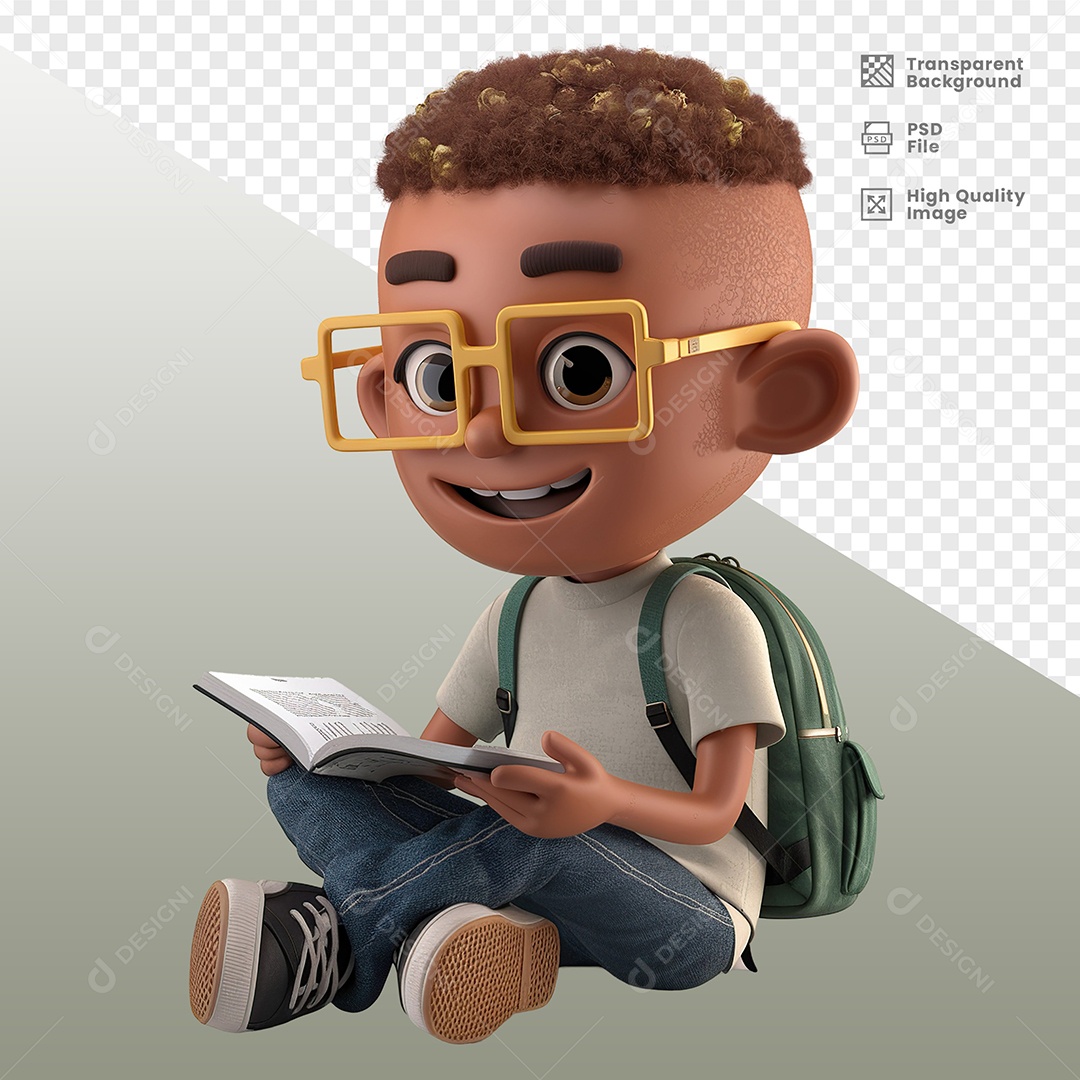 Estudante Menino Com Mochila Sentado Personagem 3D para Composição PSD