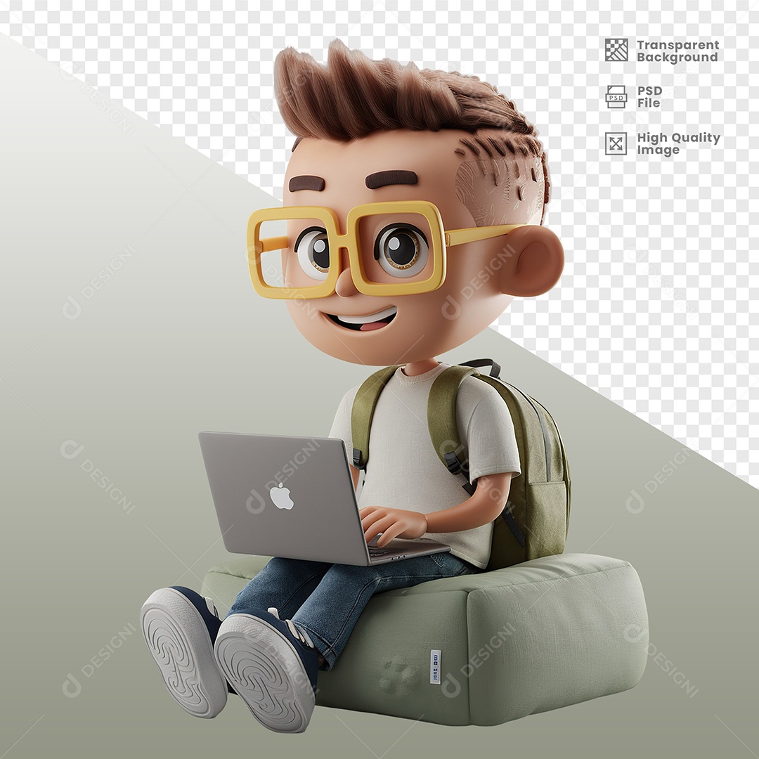 Estudante Menino Sentado Mexendo em Notebook Com Mochila Personagem 3D para Composição PSD