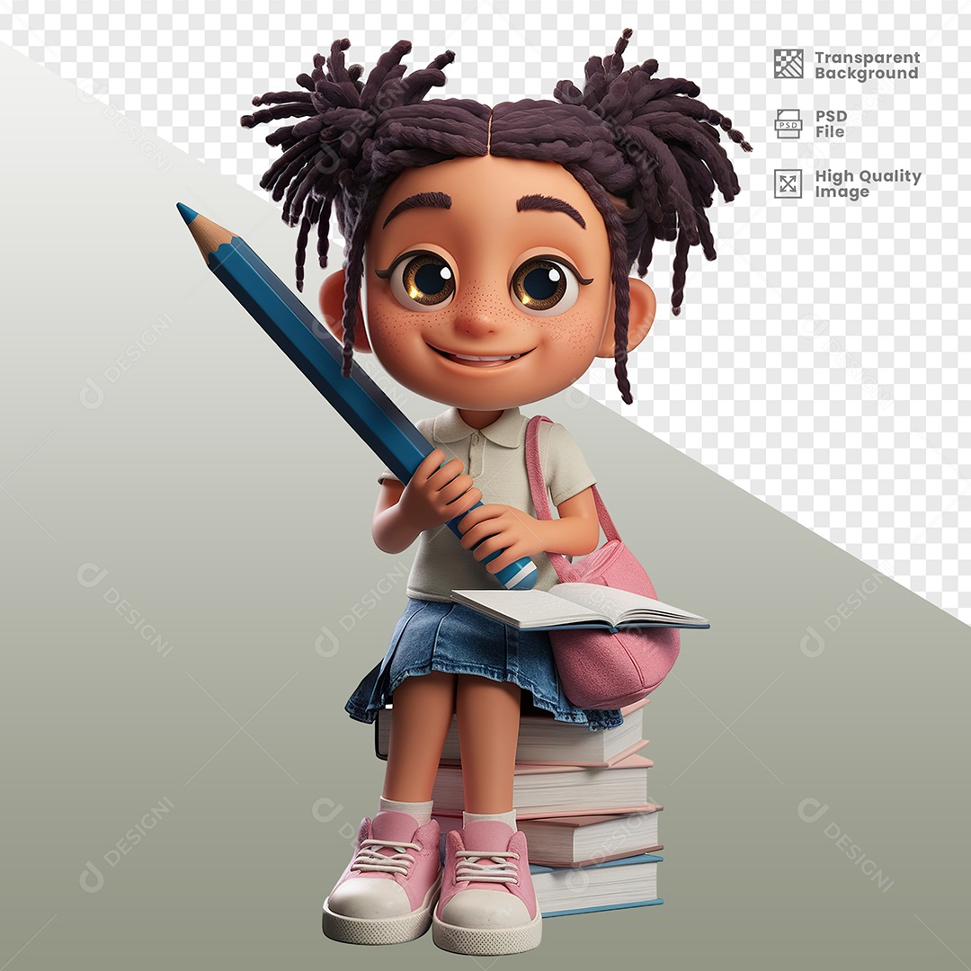 Student Girl With Side Bag Holding Pencil 3D Character for PSD Composition