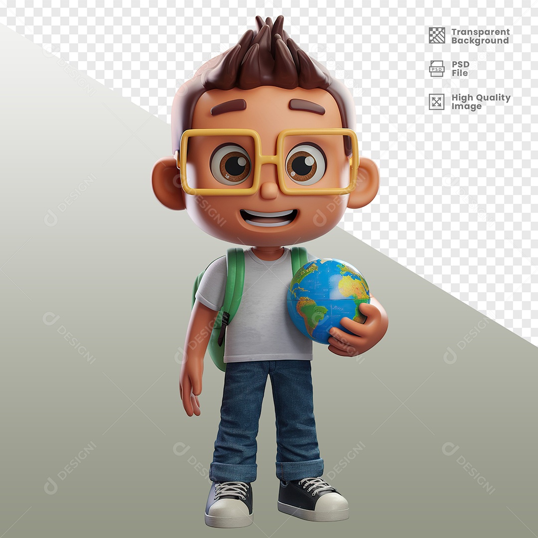 Estudante Menino Com Mochila Segurando Globo Personagem 3D para Composição PSD