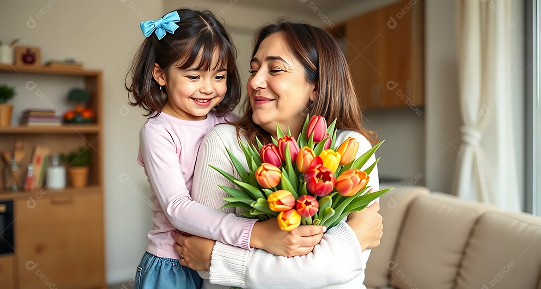 Filha abraçando a mãe e lhe dá um buquê de flores e tulipas em casa