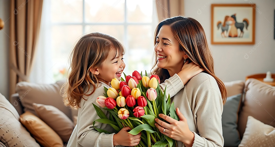 Daughter hugging her mother and giving her a bouquet of flowers and tulips at home