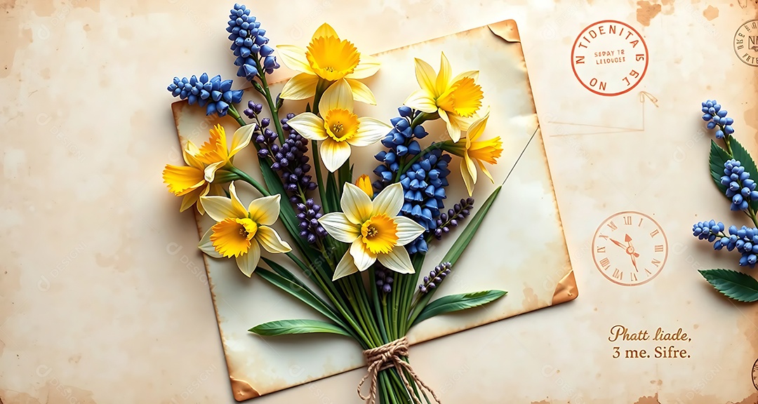 Vista superior de um cartão de Natal com um buquê encantador de narcisos e muscari