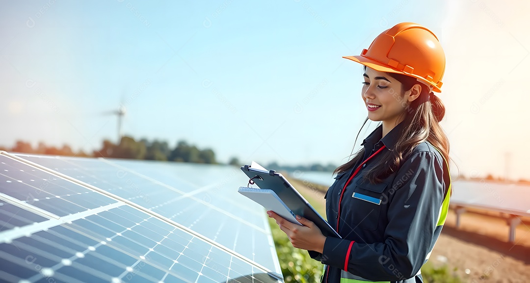 Engenheira uniformizada está trabalhando na verificação e na qualidade do painel solar