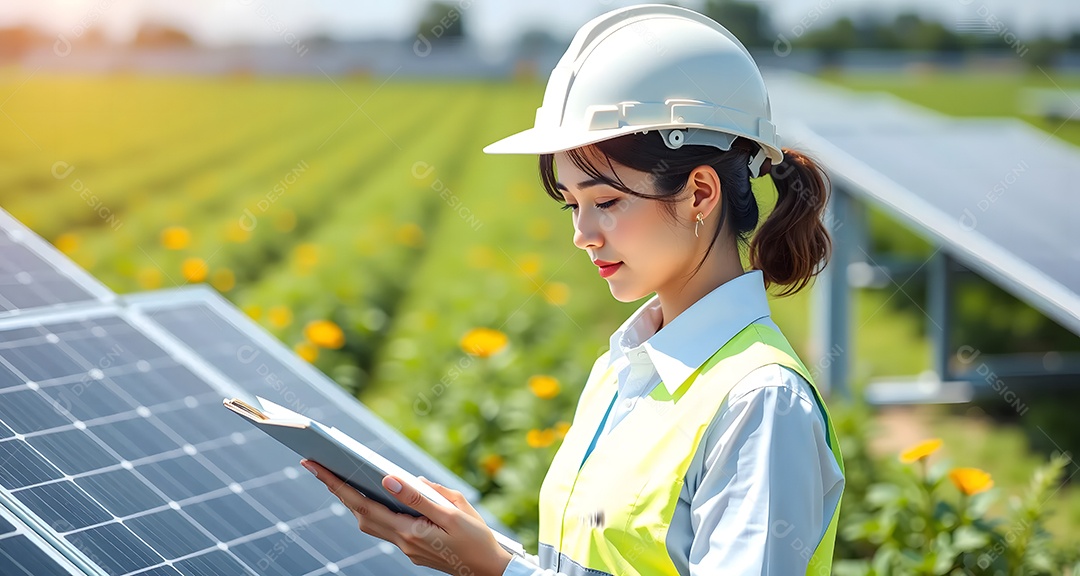 Engenheira uniformizada está trabalhando na verificação e na qualidade do painel solar