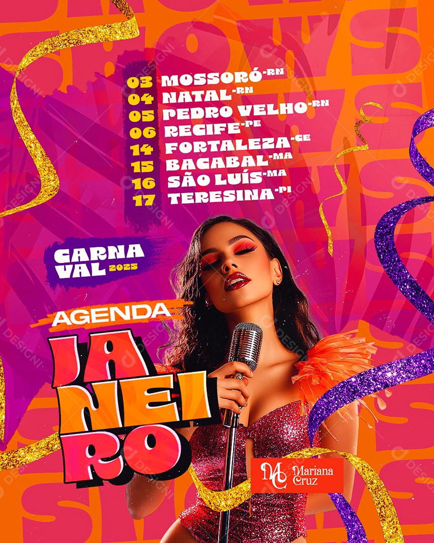 Flyer Carnaval Agenda Janeiro Mariana Cruz Social Media PSD Editável