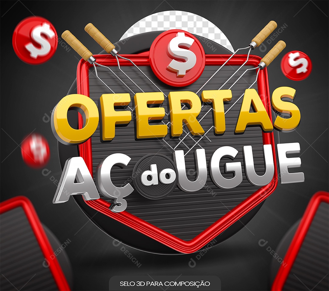 Selo 3D Ofertas do Açougue Dourado e Branco para Composição PSD