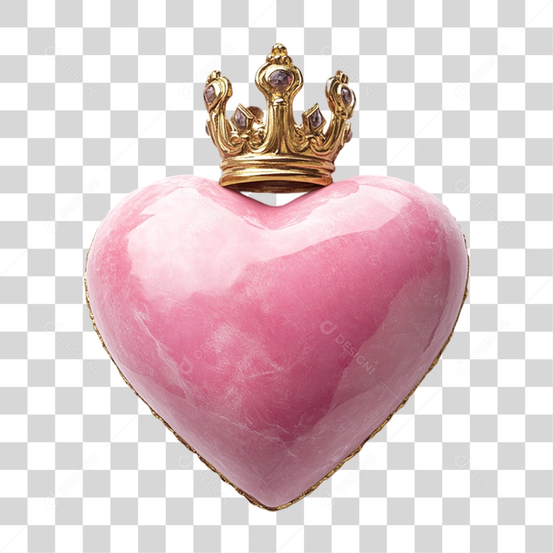 Elemento 3D Coração Rosa com Coroa PNG Transparente