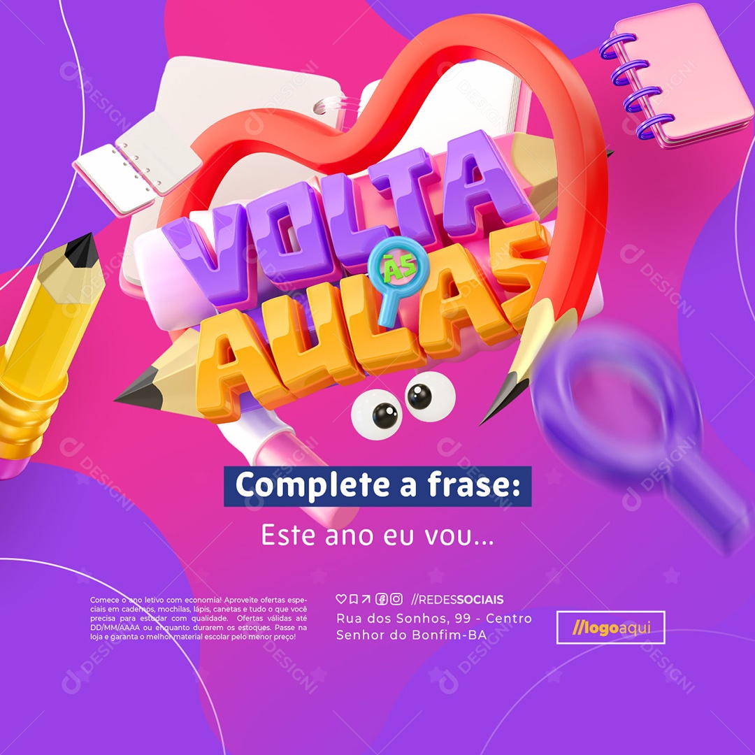 Promoção Volta às Aulas Complete a Frase Social Media PSD Editável