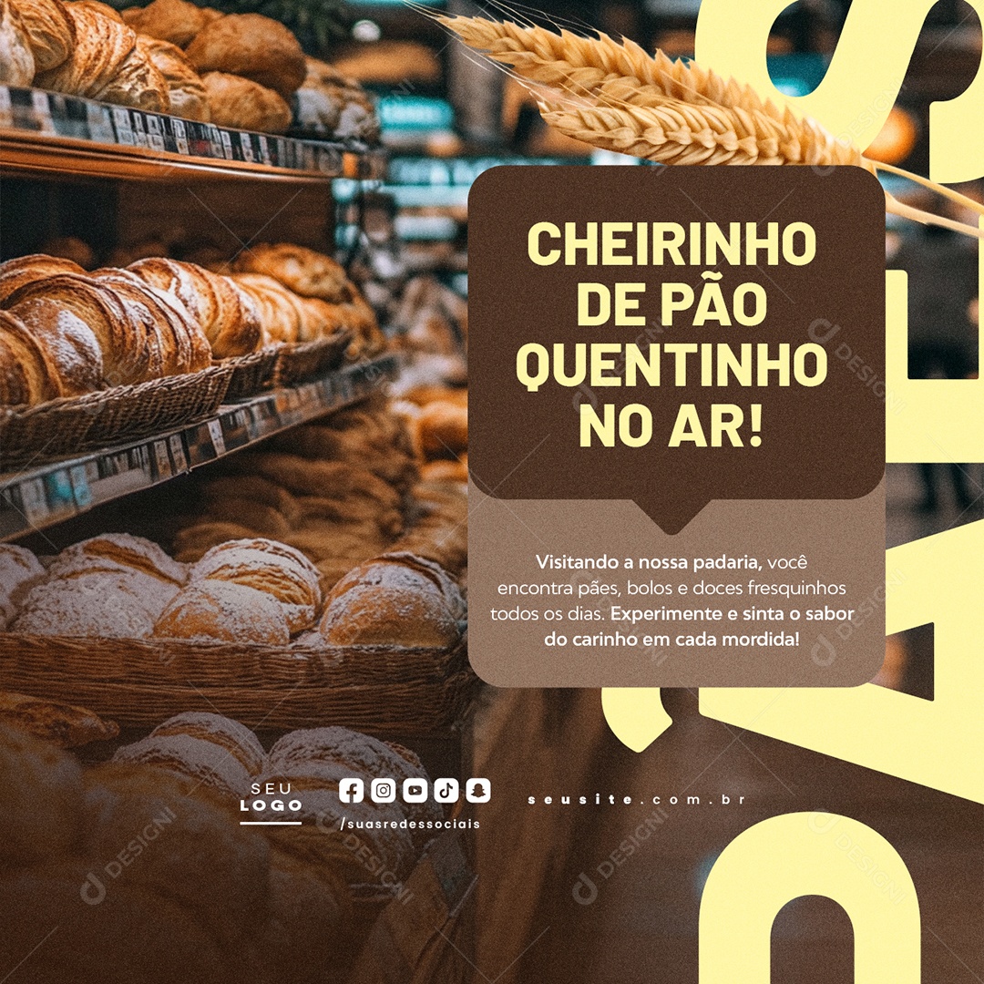 Convite Supermercado Cheirinho de Pão Quentinho no Ar Social Media PSD Editável