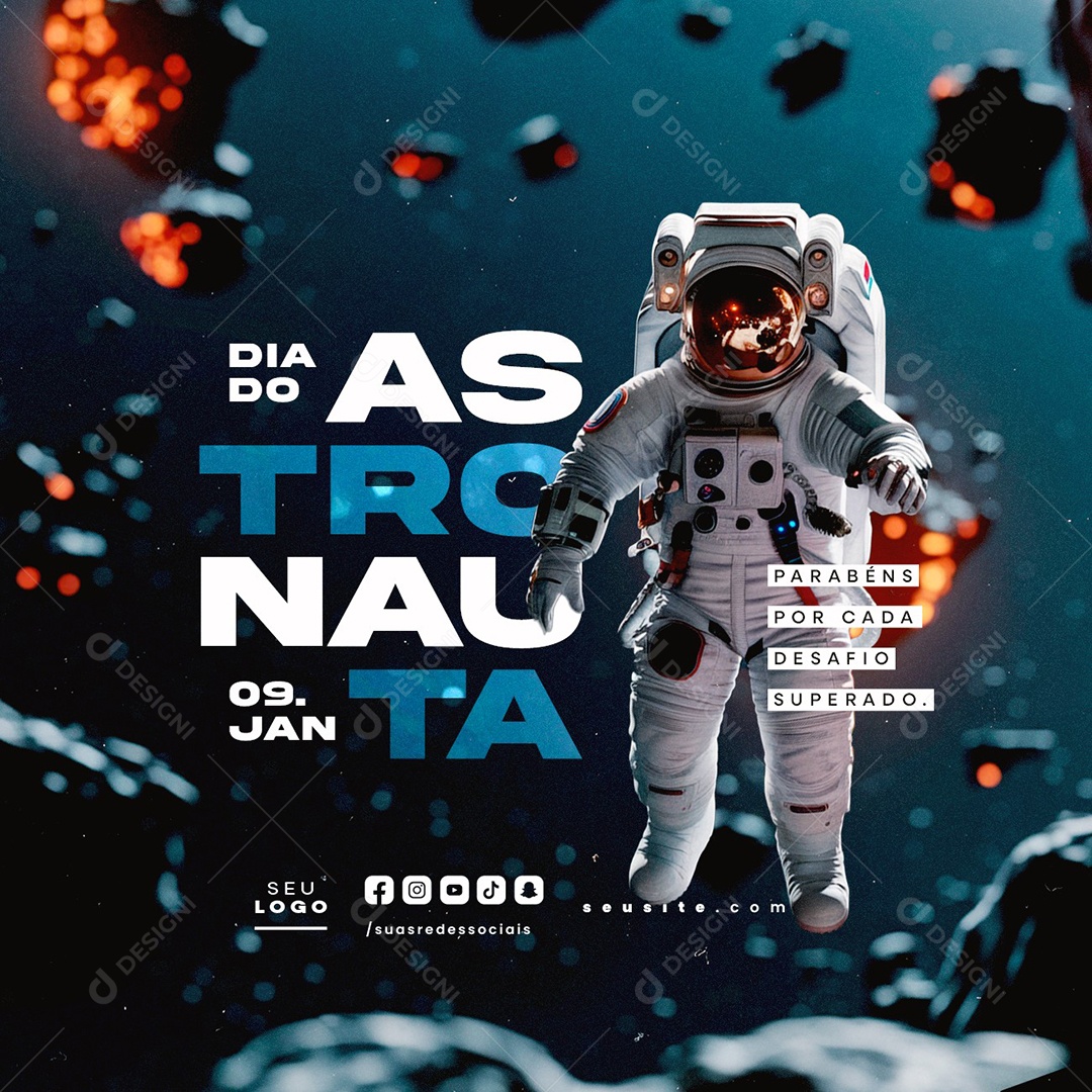 Dia do Astronauta 09 de Janeiro Parabéns Social Media PSD Editável