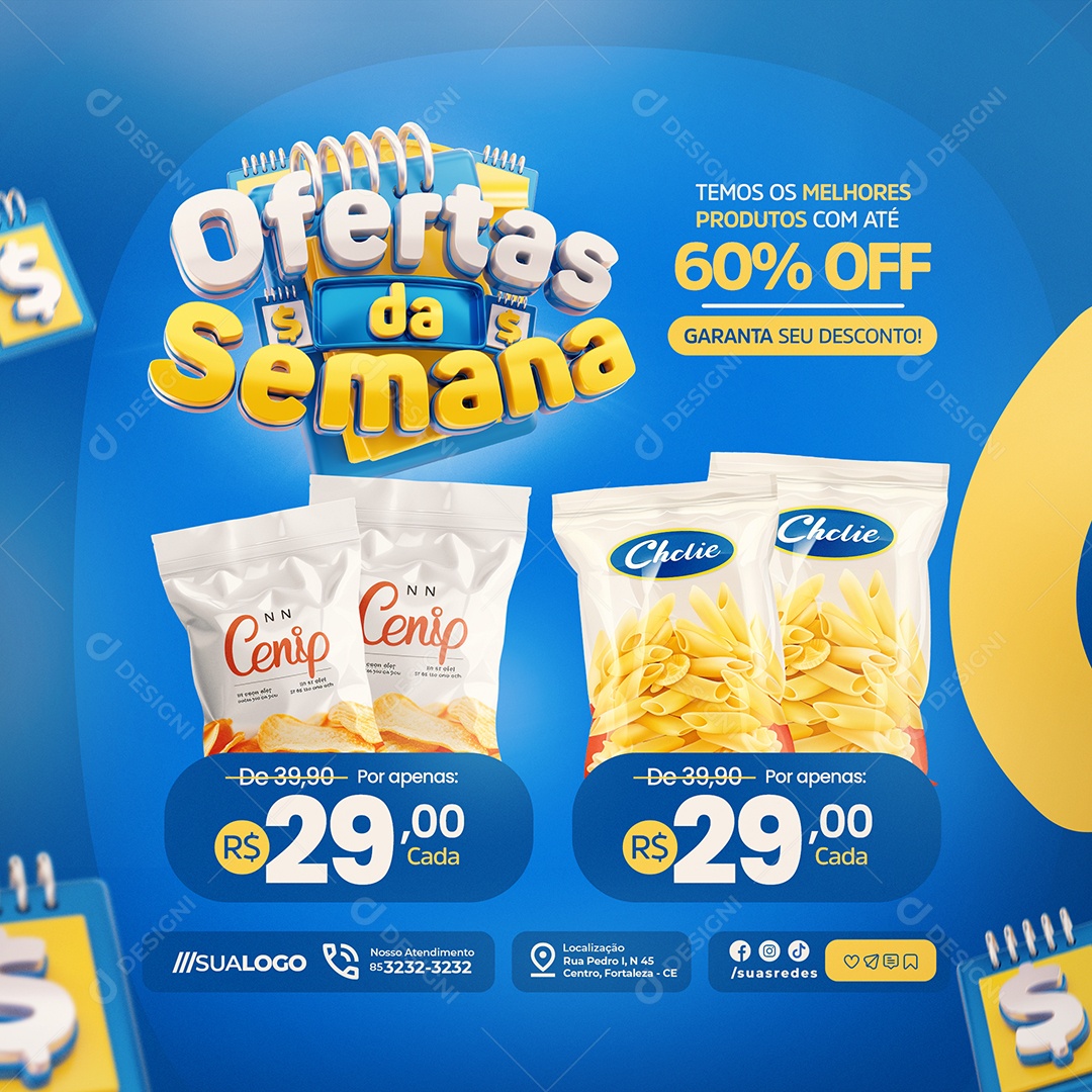 Ofertas da Semana Pacote de Batata Pacote de Macarrão 60% Off Social Media PSD Editável