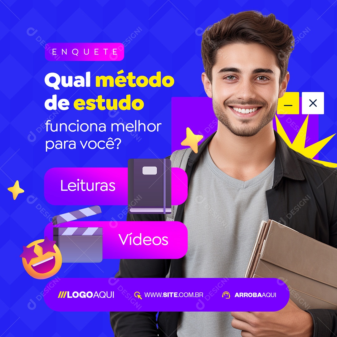 Enquetes Qual Método de Estudo Leituras Vídeos Social Media PSD Editável