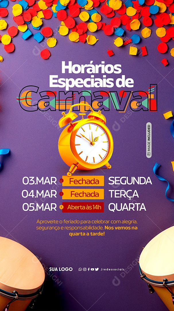 Story Comunicado Horários Especias de Carnaval Social Media PSD Editável