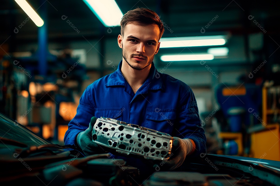 Homem jovem mecânico sobre oficina.