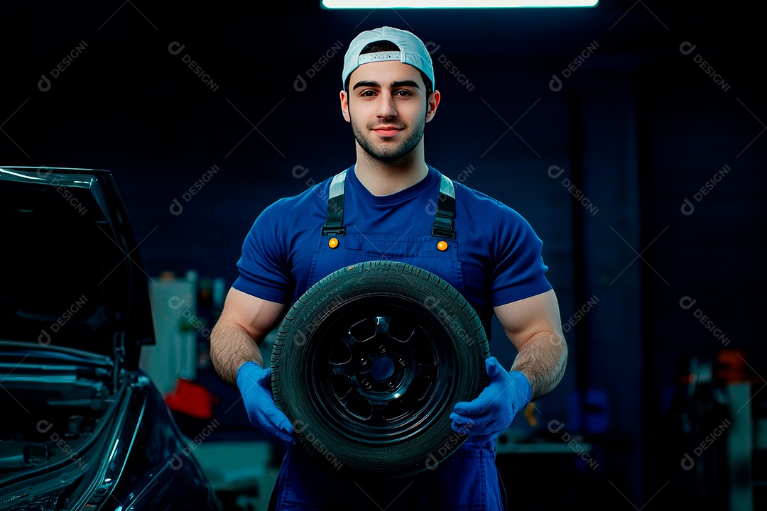 Homem jovem mecânico sobre oficina.