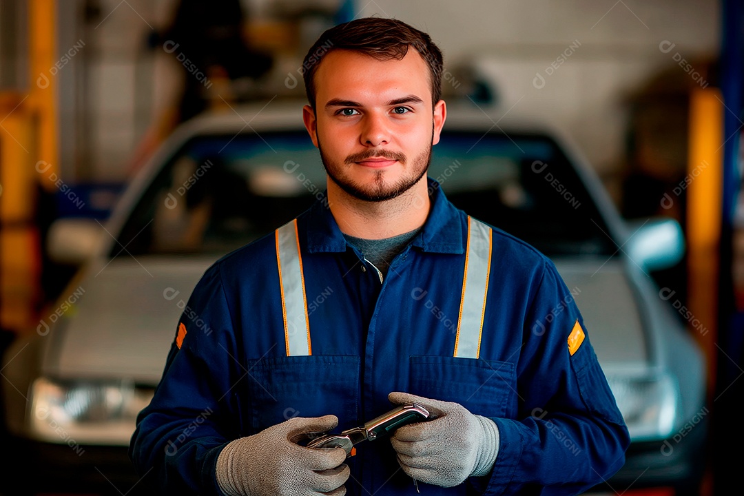 Homem jovem mecânico sobre oficina.